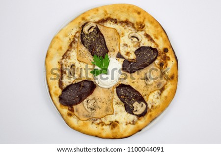 Pizza with olives, fast food restaurant, decoration, pizza on a white background