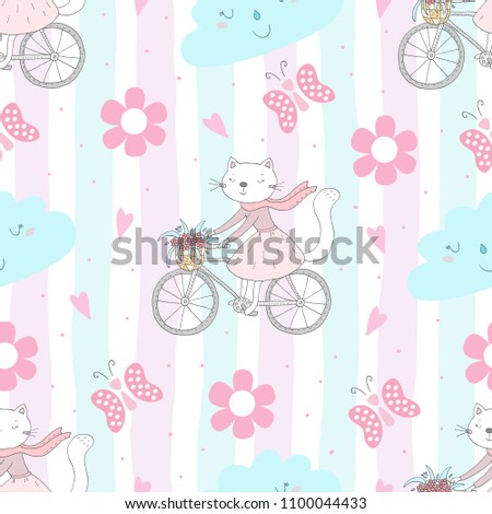Seamless pattern with cute little cat. vector illustration