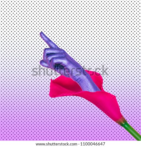Painted purple hand coming out of Lily flower and pointing by finger. Contemporary art collage. Concept of memphis style posters. Abstract minimalism