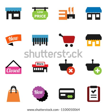 solid vector ixon set - office vector, barcode, low price signboard, credit card, new, closed, shopping bag, store, mall, basket, cart, list