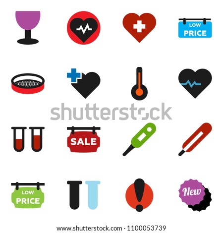 solid vector ixon set - sieve vector, heart pulse, cross, attention, glass, thermometer, vial, sale signboard, low price, new