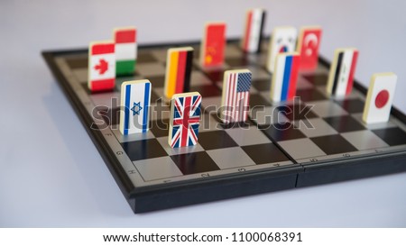 Symbols of the countries on the chess Board. Conceptual photo, political games. 