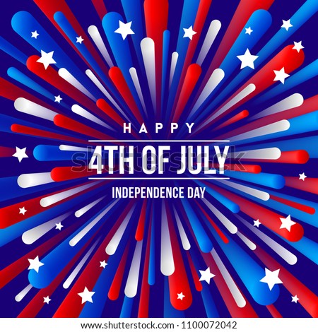 4th of July, Independence day - greeting design with USA patriotic colors firework burst rays.
 Vector illustration. Royalty-Free Stock Photo #1100072042