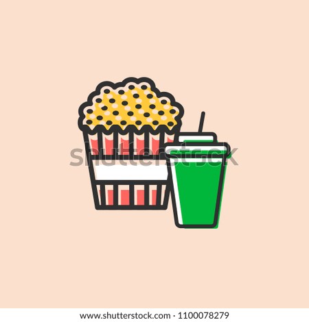 Pop corn box and soft drink icons for fast food business with stamp effect