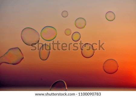 soap bubbles on sunrise sky background in gdynia, poland - sunrise over the baltic sea