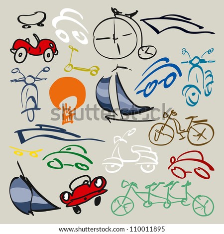 Doodle set of various vehicles, bicycle, cars, scooters, ships, sail