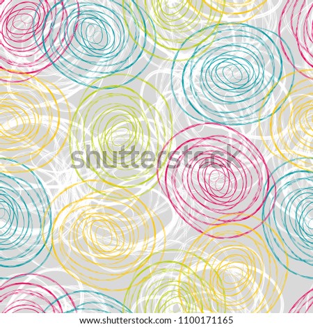 Abstract colorful doodle circles. Dry brush textured circular swirls seamless pattern design