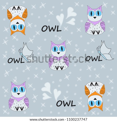 Vector seamless pattern with owls, butterflies and hearts. Illustration of a cartoon owl. Vector illustration. The template for the cover fabric, books.