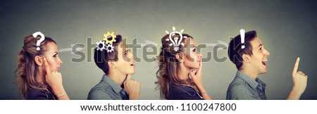 Emotional intelligence. Thoughtful man and woman thinking solving together a common problem. Human face expressions Royalty-Free Stock Photo #1100247800