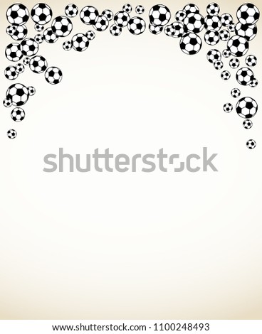Soccer, football scattered balls blank frame. Background vector illustration isolated over white. Sport game equipment wallpaper. Vertical format.