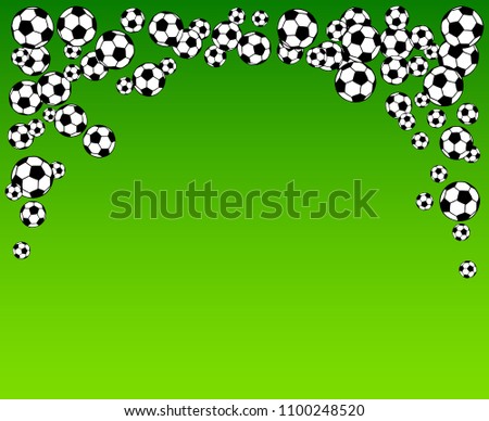 Soccer, football scattered balls blank frame. Background vector illustration over bright green grass field. Sport game equipment wallpaper. Horizontal format.
