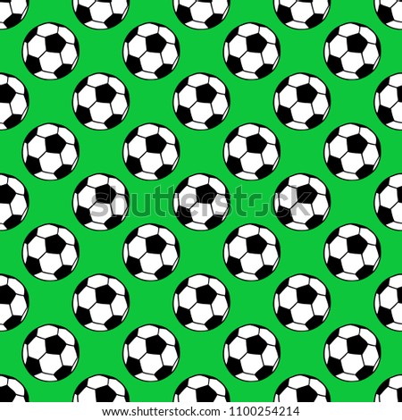 Soccer, football balls seamless pattern over green. Sport game equipment vector background.
