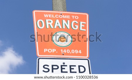 Orange, California, USA. September, 5, 2016. City of Orange entrance sign. Taken in the afternoon.