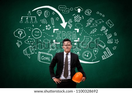 The header of engineer guy is standing in front of black chalkboard with many idea white icon.