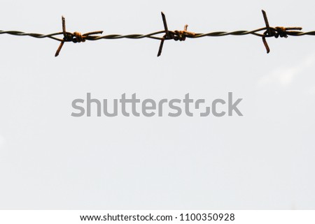 Rusty barbed wire fence on white background. Selective focus.