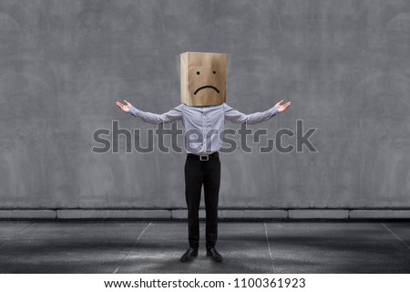 Customer Experience Concept, Unhappy Businessman Client with Sadness Emotion Face on Paper Bag, Arms up with meaning of Disappointed and Wondering. Concrete Wall as background