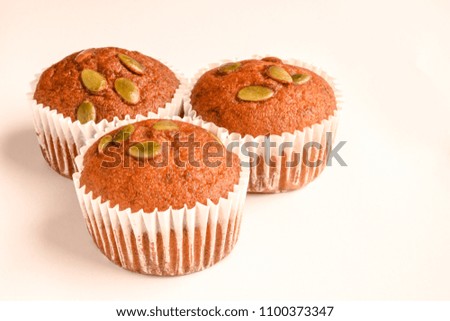 Close up of banana cup cake isolated on white background. Bakery background. Copy space.