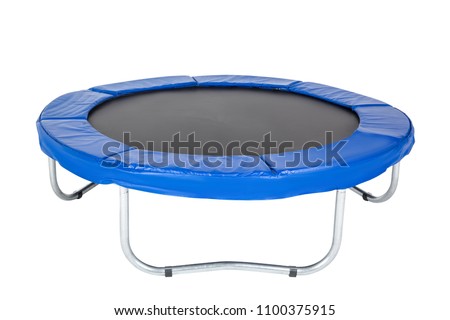 Trampoline for children and adults for fun indoor or outdoor fitness jumping on white background. Blue trampoline Isolated  Royalty-Free Stock Photo #1100375915