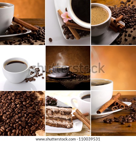 collage of coffee pictures with cinnamon, coffee beans, chocolate cake