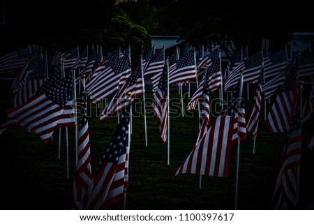 American Flags Waving in Twilight