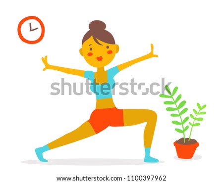 Vector illustration of a beautiful fitness girl with flower and clock on white background. Girl doing a breathing exercise. Hand drawn flat style girl for web, site, card, t-shirt print, 
