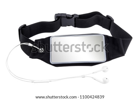 sport waist bag with earphones isolated on white background