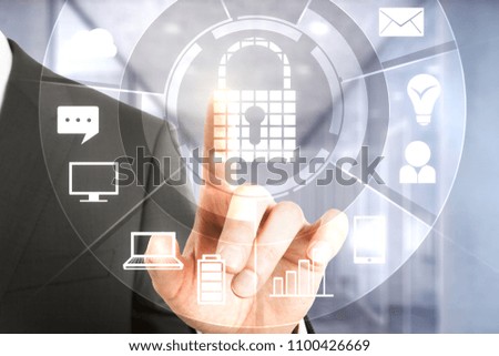 Hand with digital business interface. Innovation and safety concept. Double exposure 