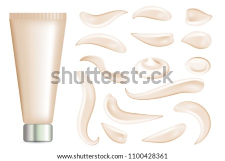 Sunscreen Beige Cream Strokes or Cosmetic Sun Protection Gel Drops Isolated. Beautiful Realistic 3d Vector Illustration of Creamy Smooth Foam Smears