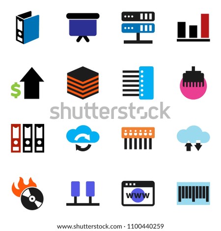 solid vector icon set - graph vector, dollar growth, binder, presentation board, music hit, server, network, cloud exchange, big data, browser, hub, lan connector, barcode