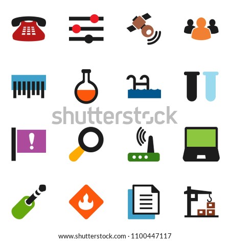 solid vector icon set - attention vector, document, flammable, barcode, satellitie, notebook pc, classic phone, group, jack, flask, vial, equalizer, router, magnifier, pool, construction crane