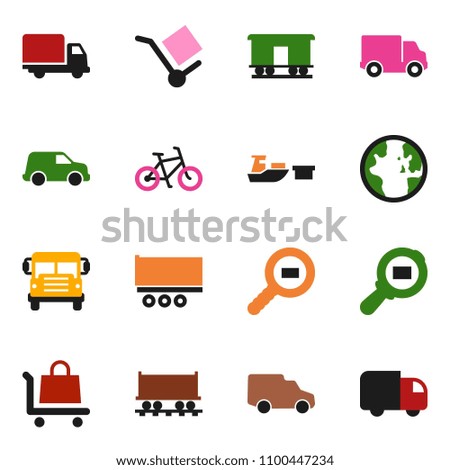 solid vector icon set - school bus vector, world, bike, Railway carriage, truck trailer, delivery, car, port, cargo, search, trolley