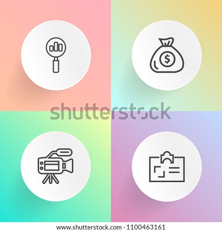 Modern, simple vector icon set on gradient backgrounds with look, male, cinema, financial, personal, magnifier, banking, name, video, id, currency, identification, equipment, business, movie icons