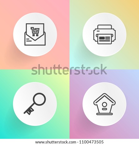 Modern, simple vector icon set on gradient backgrounds with price, list, decoration, security, cash, nature, finance, safe, receipt, birdhouse, technology, sign, payment, bill, web, branch, bird icons