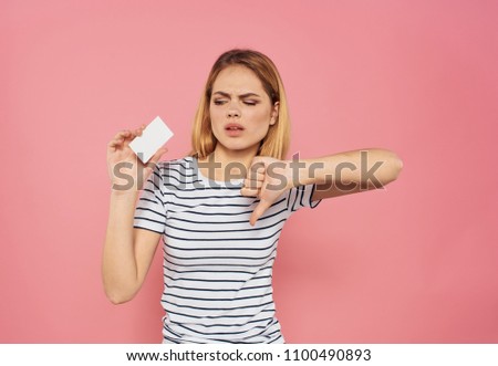   woman sad showing finger down in hand business card seat free                             