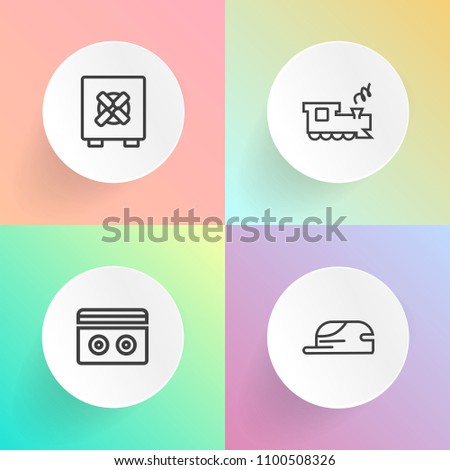 Modern, simple vector icon set on gradient backgrounds with railroad, travel, play, object, clothing, retro, banking, record, old, hat, storage, baseball, safe, business, black, track, wear, cap icons