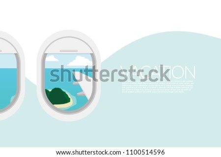 airplane window view. view of tropical island beach from airplane window. destinations for summer vacation Royalty-Free Stock Photo #1100514596