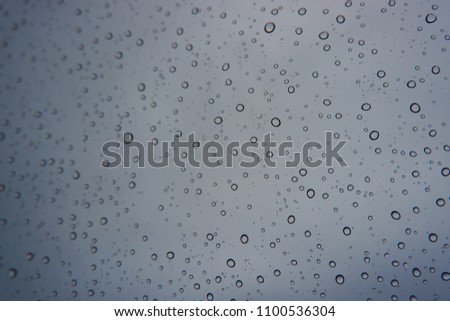 Rain drops on window glasses surface with cloudy background . Natural Pattern of raindrops isolated.view from inside car 