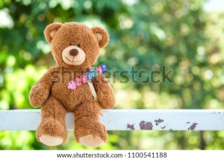 lovely teddy bear holding Multicolored word Goodbye made from wooden alphabets over on blurred green nature background
