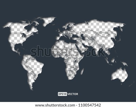 Worldwide map with dark blue oceans dropping a soft shadow on the transparent continents. Vector illustration
