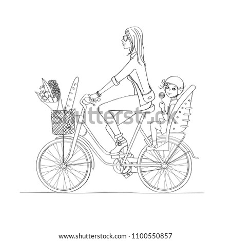 A girl with a child on the bike. Drawing lines.
