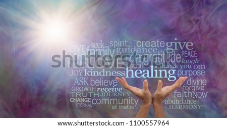 Shine your healing light word cloud - female hands reaching up to the word HEALING surrounded by a relevant word cloud with a sun burst and wispy multi colored energy field background Royalty-Free Stock Photo #1100557964