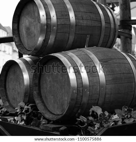 Three wine barrels. Black and white square shape image.