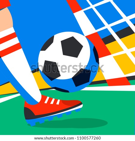 Soccer player with football ball against the background of the stadium football cup. Welcome to Russia. Football player in Russia. penalty. Full color illustration in flat style. Vector illustration
