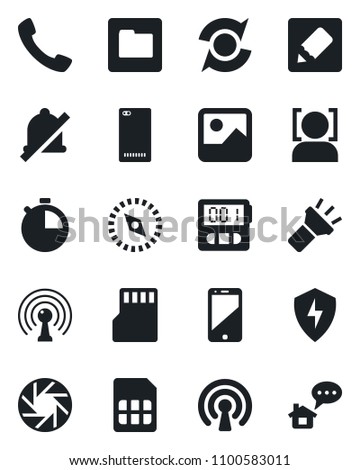 Set of vector isolated black icon - antenna vector, cell phone, back, call, mobile camera, gallery, protect, stopwatch, sd, sim, folder, notes, torch, mute, compass, face id, update, wireless