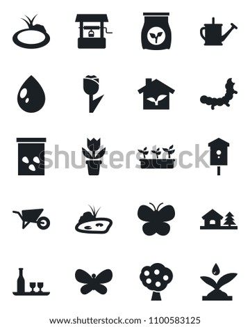 Set of vector isolated black icon - flower in pot vector, watering can, wheelbarrow, butterfly, seedling, water drop, well, seeds, caterpillar, pond, bird house, fertilizer, tulip, with tree, fruit