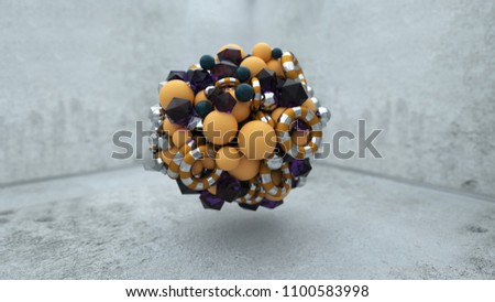 3D Abstract Graphics Background with glossy balls, golden bubbles, and metallic spheres, depth of field and stylish look.