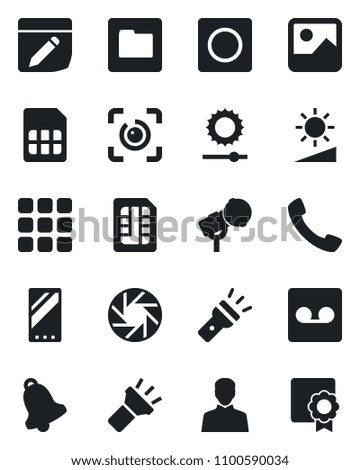 Set of vector isolated black icon - microphone vector, mobile, call, menu, camera, gallery, user, bell, record, sim, folder, notes, torch, brightness, eye id, sertificate