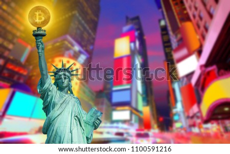New york skyline with liberty holding bitcoin concept photomount