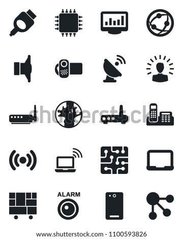 Set of vector isolated black icon - wireless notebook vector, pc, earth, consolidated cargo, satellite antenna, speaker, video camera, network, hdmi, phone back, monitor statistics, office, chip