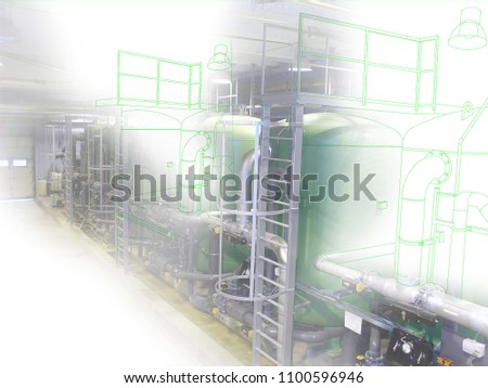 wire-frame computer cad design concept image water treatment tanks at power plant. industrial water treatment tanks in the factory combined with drawing, smart plant solution idea
                    